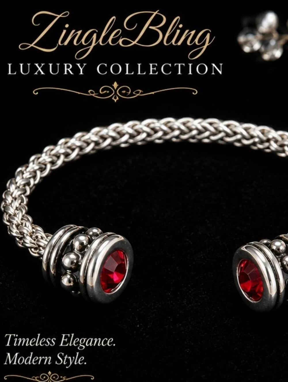 Silver Tone Twisted Cable Cuff Bracelet Red Crystal Accents